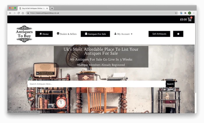 Antiques To Buy website from the Nexar Web Services portfolio